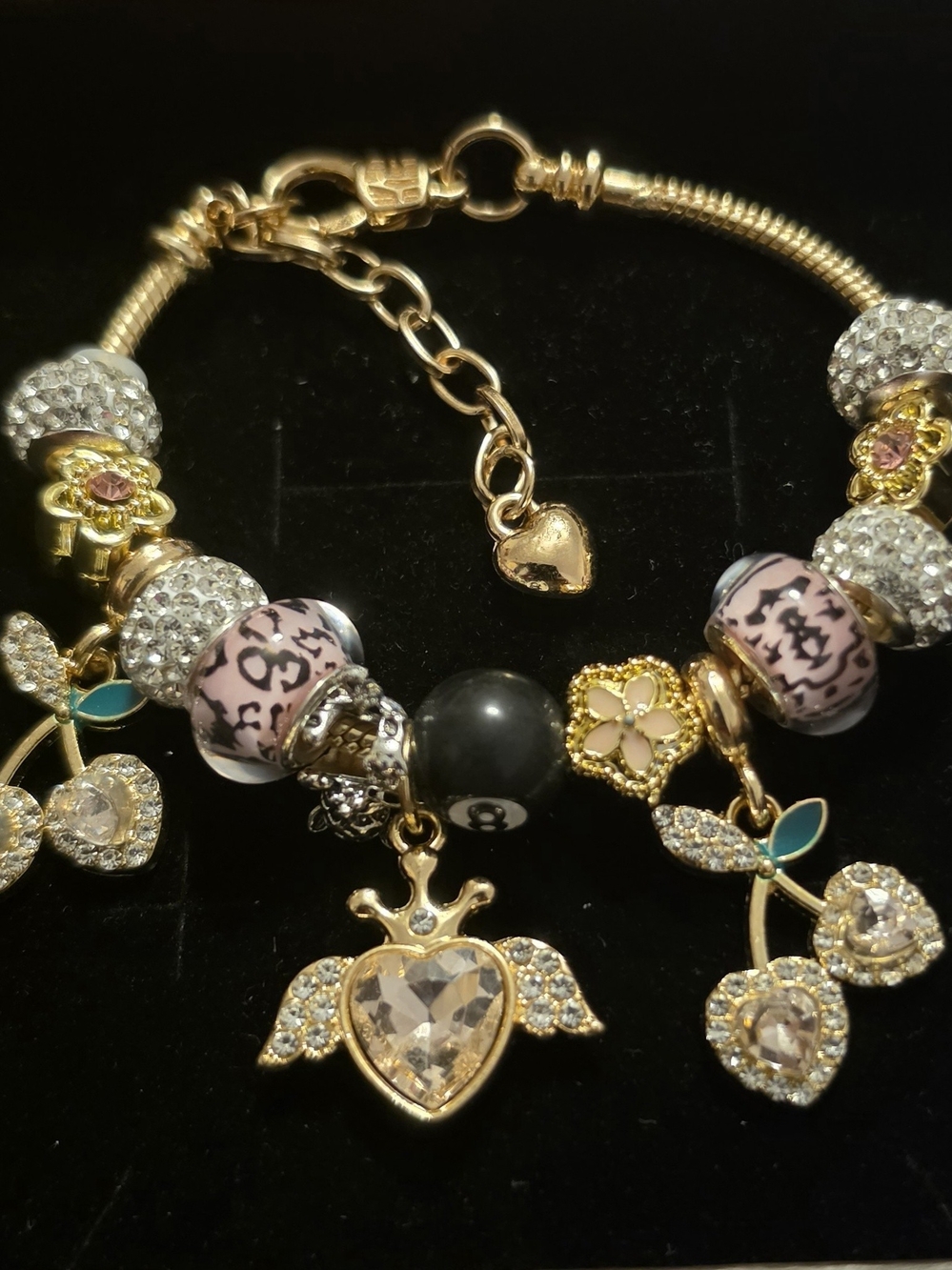 Gold-Tone Charm Bracelet with Pink Leopard Beads and Crystal Heart Charm